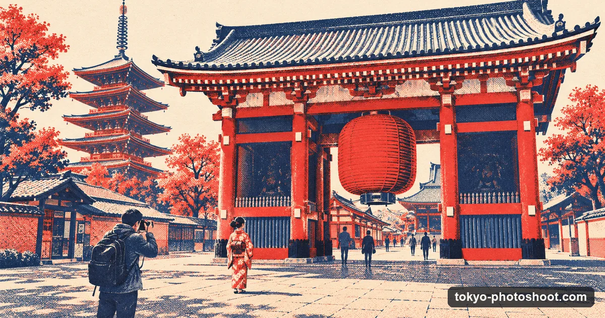 Illustration in screen-print style: the Kaminarimon gate and pagoda of Senso-ji in Asakusa with a photographer and a person in kimono