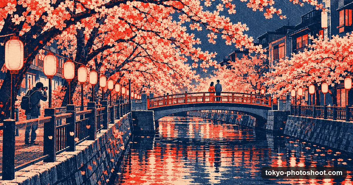 Illustration in screen-print style: cherry trees in full bloom over a Tokyo canal at blue hour with a couple on a footbridge and a photographer