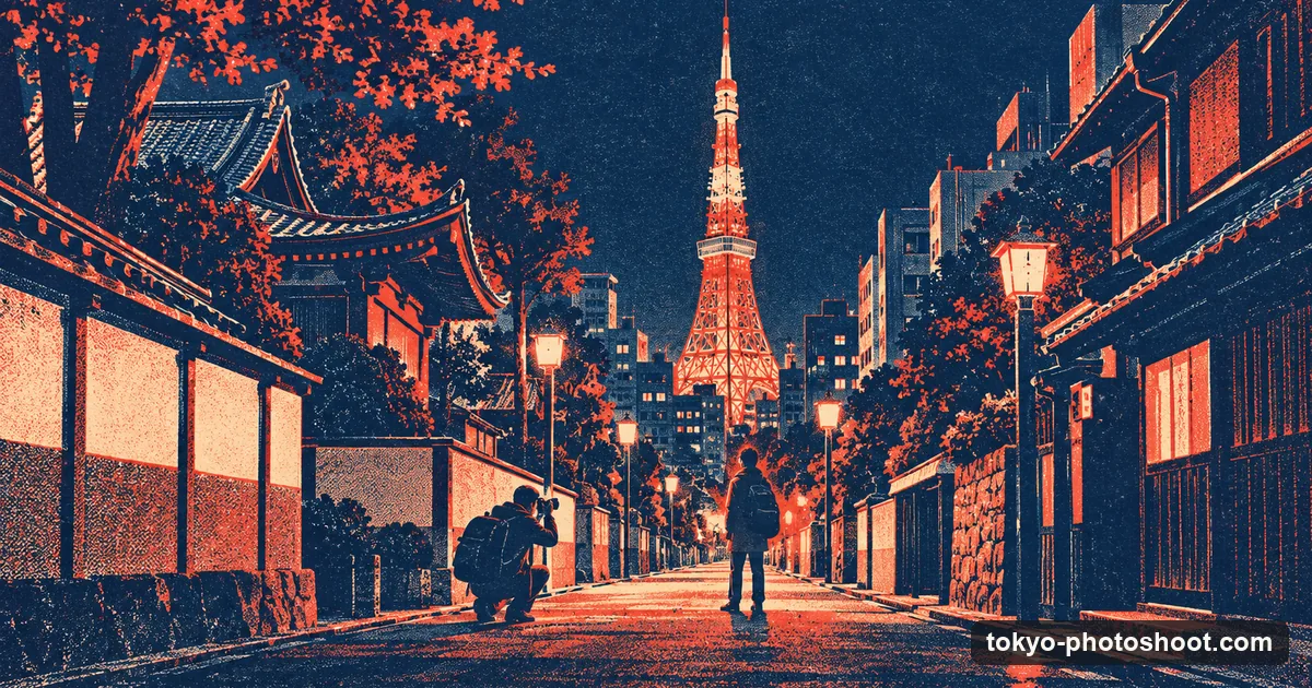 Illustration in screen-print style: a solo traveller looking up at Tokyo Tower at night while a photographer photographs them from a quiet street