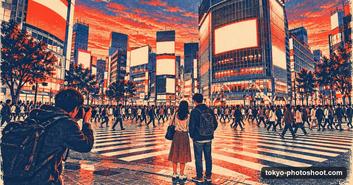 Illustration in screen-print style: a photographer photographing a couple at the edge of Shibuya Crossing at dusk