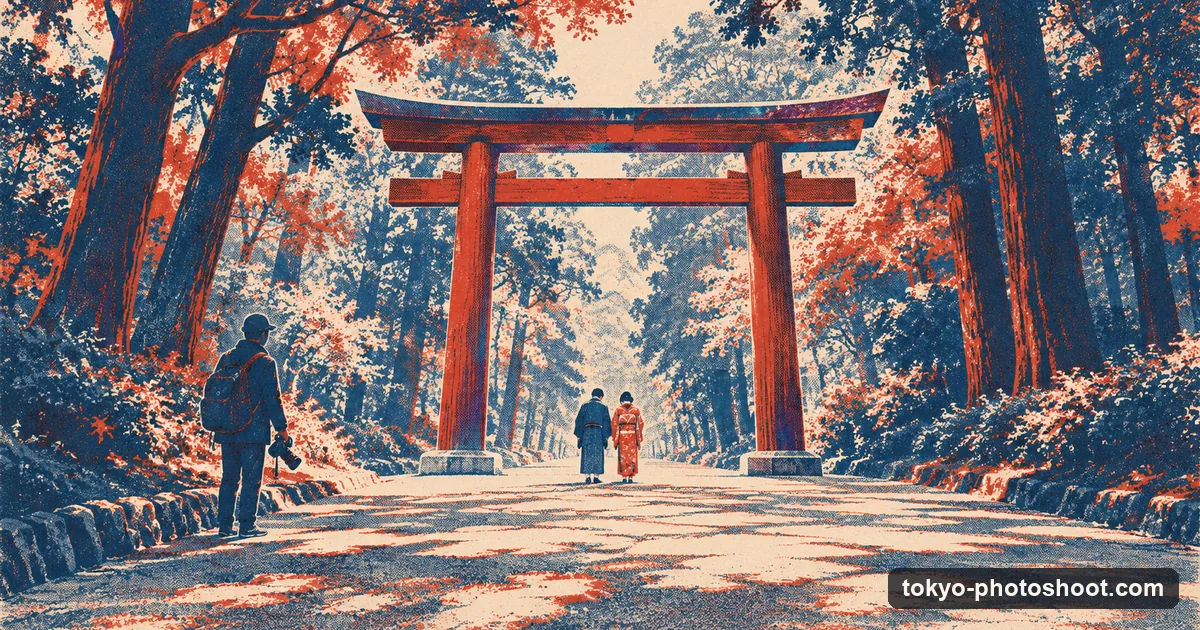 Illustration in screen-print style: a couple bowing at a large wooden shrine gate in a Tokyo forest while a photographer waits at the side with the camera lowered