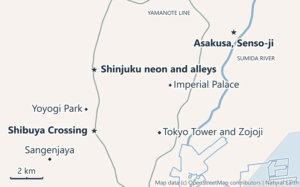 Map of the Tokyo photoshoot areas: Shibuya Crossing, Shinjuku, Asakusa and Senso-ji, Sangenjaya, Tokyo Tower and Zojoji, Yoyogi Park and the Imperial Palace, with the Yamanote Line and the Sumida River