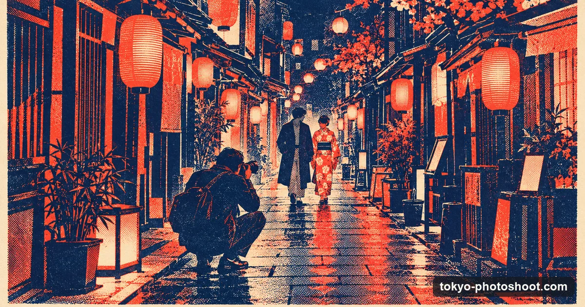 Illustration in screen-print style: two people, one in a coat and one in kimono, walking down a lantern-lit Tokyo alley while a photographer crouches ahead